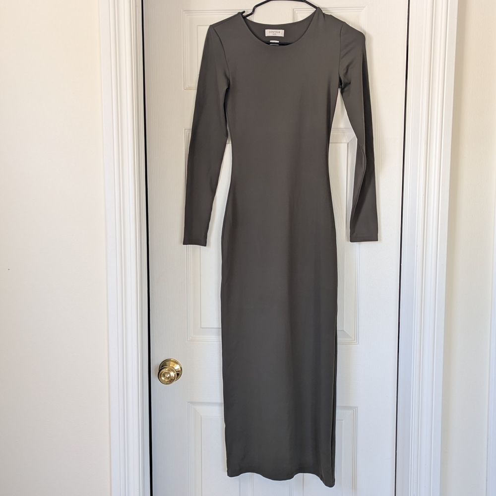 Aritzia Contour Small EUC Olive Green Maxi Dress Crew Neck Long Sleeve Bodycon